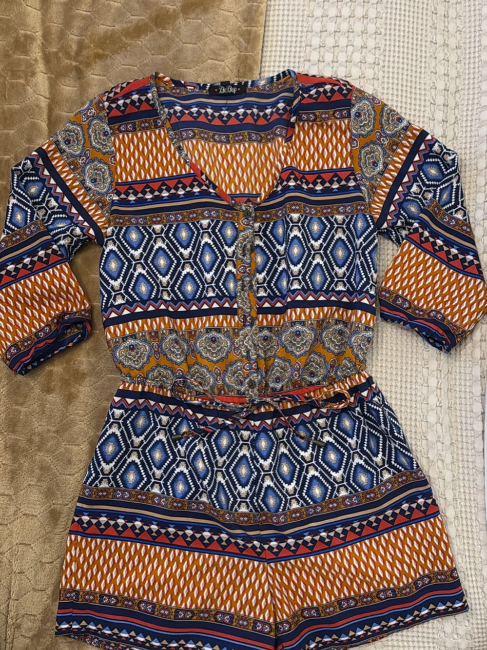 BeBop Multi-Print Long Sleeve Romper in Navy & Mustard